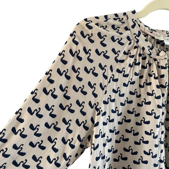 Boden Paris Cream Blue Swan Long Sleeve Crew Neck Button Down Top Blouse 4 - Picture 3 of 8